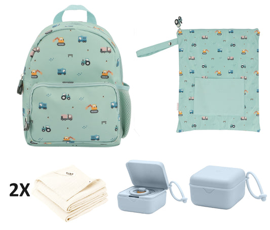 Conjunto Creche Mochila + Bolsa Impermeável + Musselinas + Caixa Versátil - Tutete Trucks